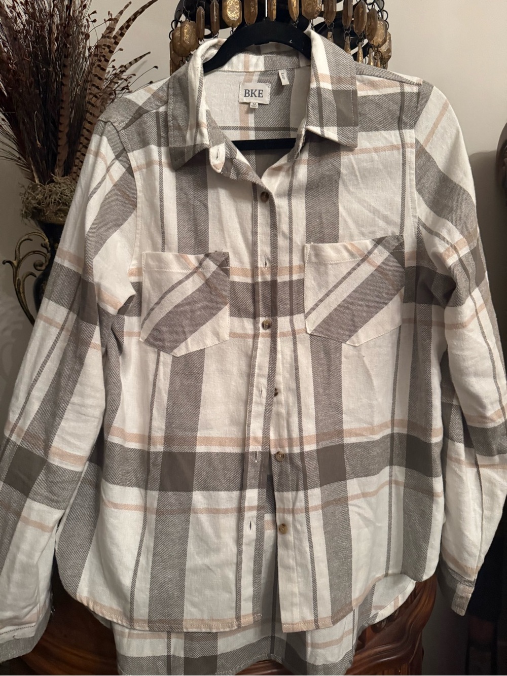 BKE Women’s Cream, Beige & Gray Plaid Button-Down Shirt